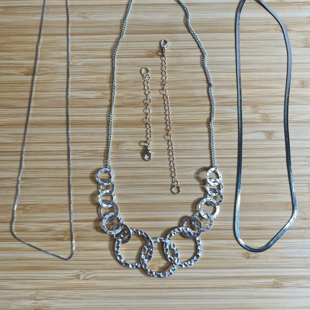 3 Silver Necklaces and 2 Extenders